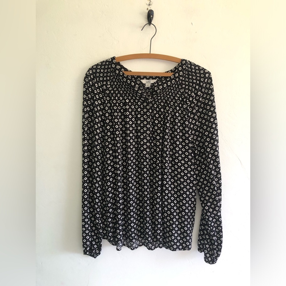 Croft Barrow Blouse Women XL Black White Floral Long Sleeve Peasant Boho Cottage